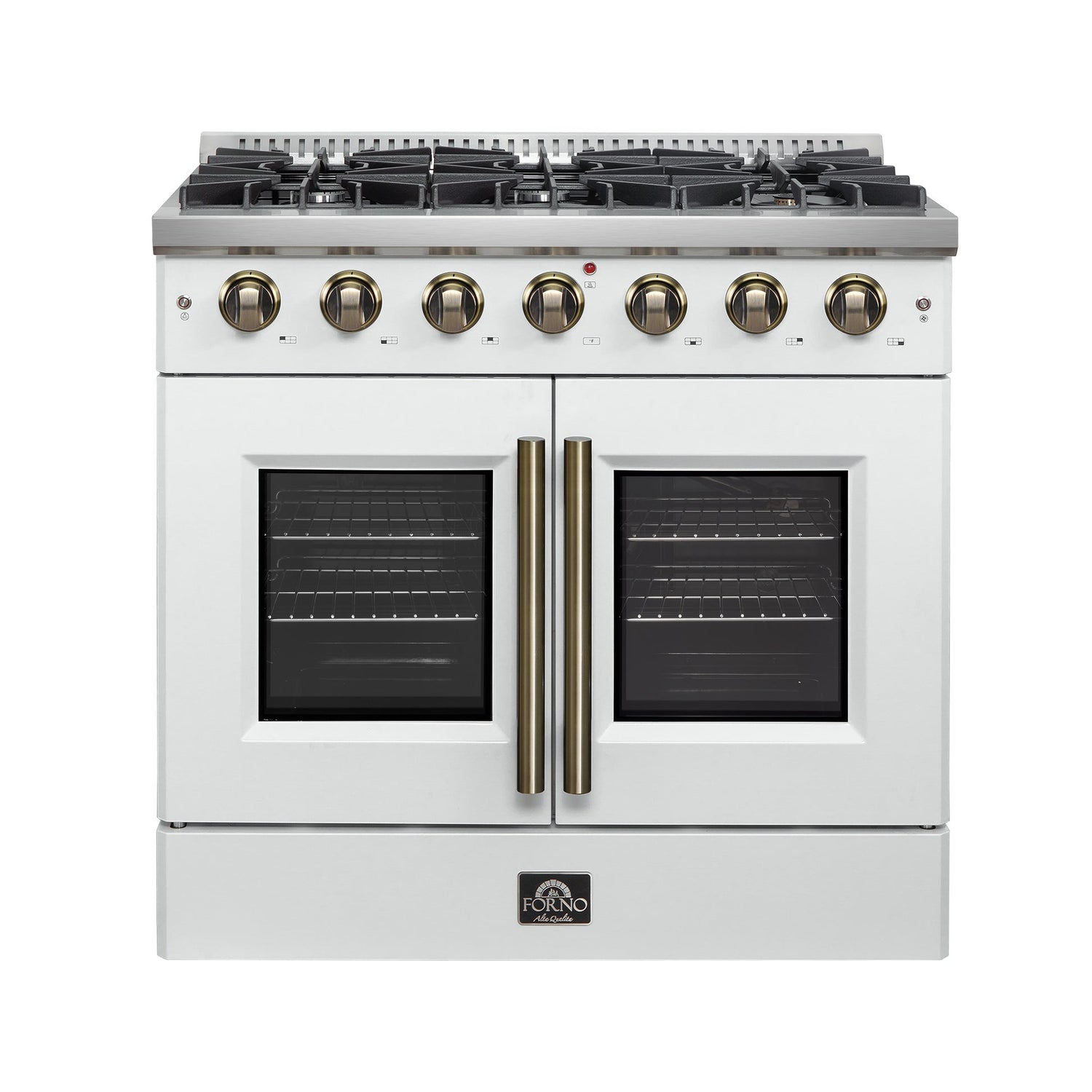Forno Galiano French Door Gas Range with Antique Brass Design, Convection Oven