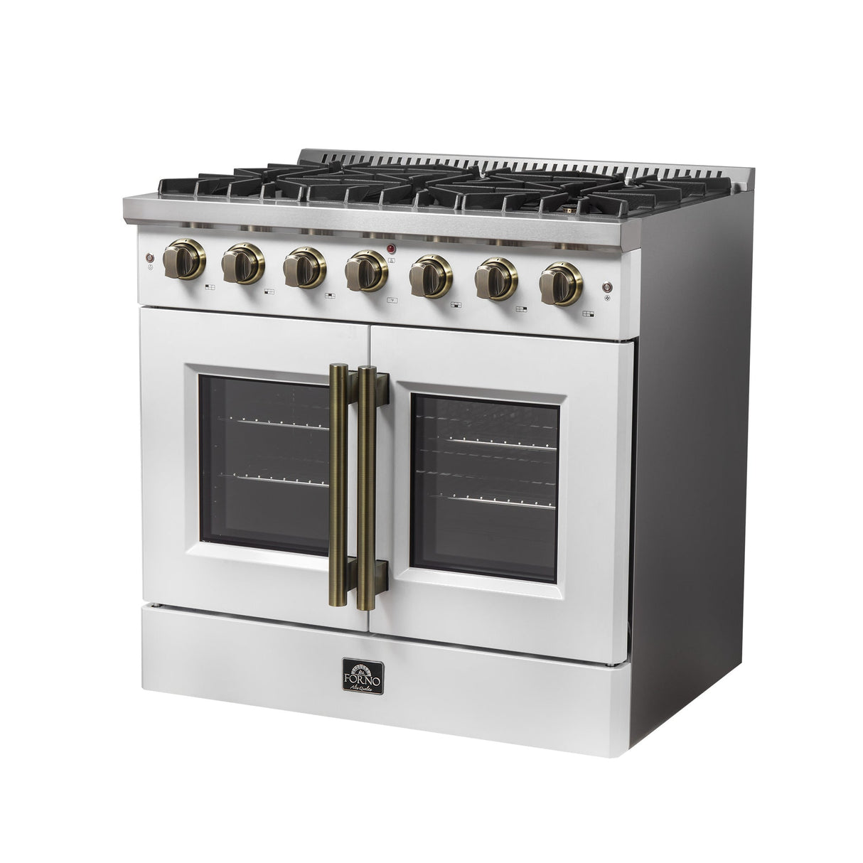 Forno Galiano French Door Gas Range with Antique Brass Design, Convection Oven
