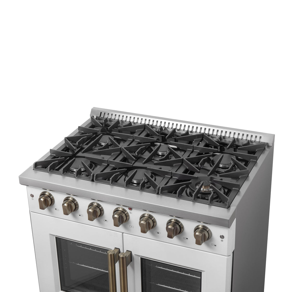 Forno Galiano French Door Gas Range with Antique Brass Design, Convection Oven