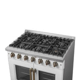 Forno Galiano French Door Gas Range with Antique Brass Design, Convection Oven