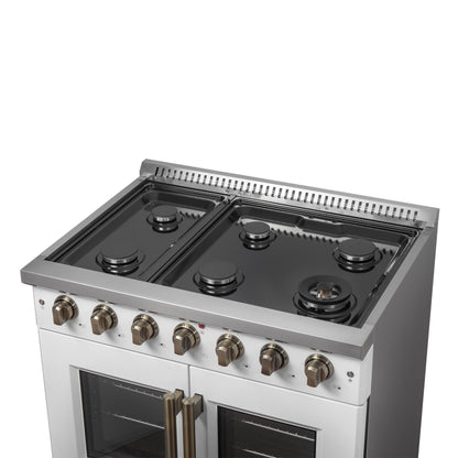 Forno Galiano French Door Gas Range with Antique Brass Design, Convection Oven