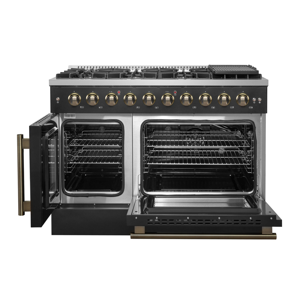 Forno Galiano 48-Inch Freestanding French Door Gas Range, with Antique Brass Design