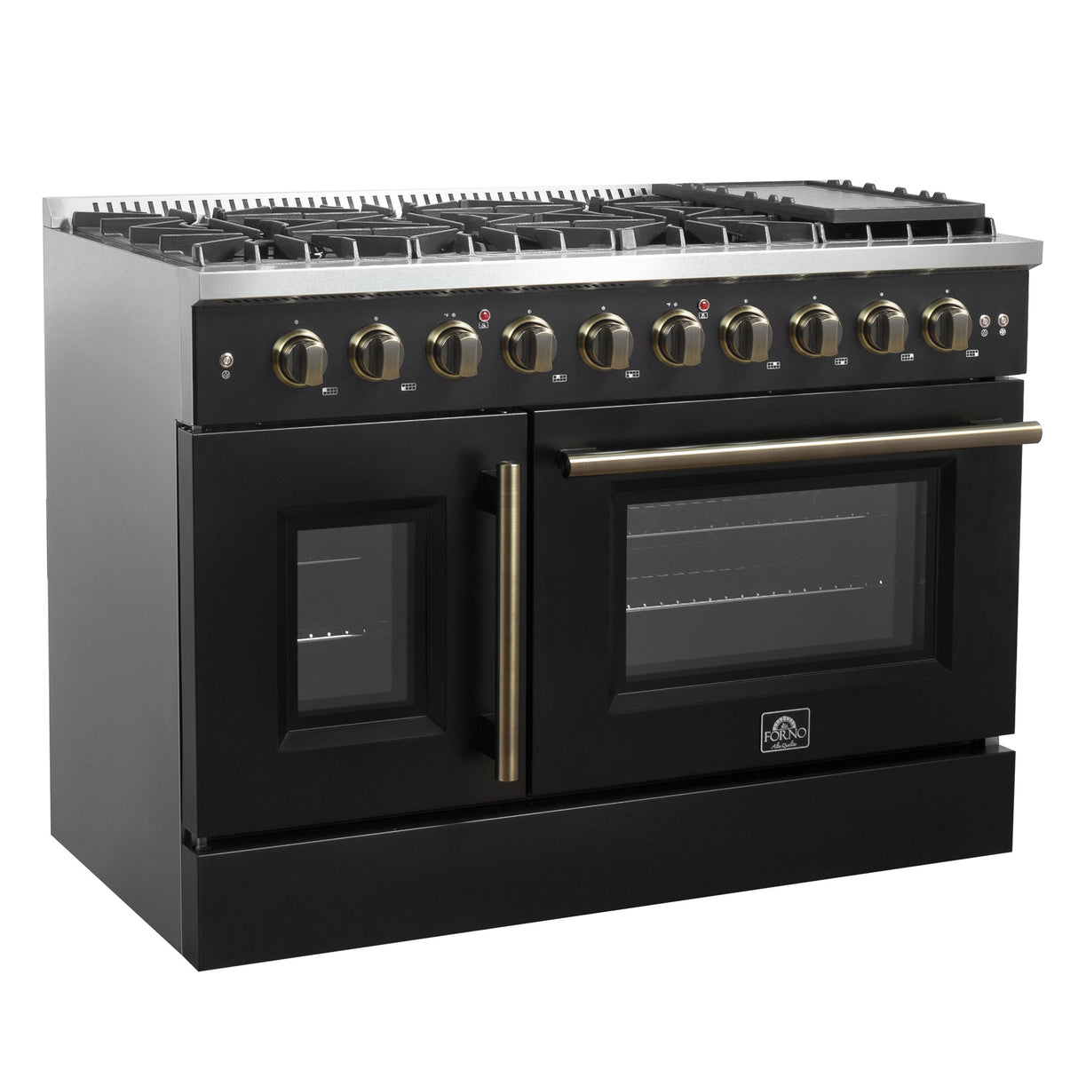 Forno Galiano 48-Inch Freestanding French Door Gas Range, with Antique Brass Design