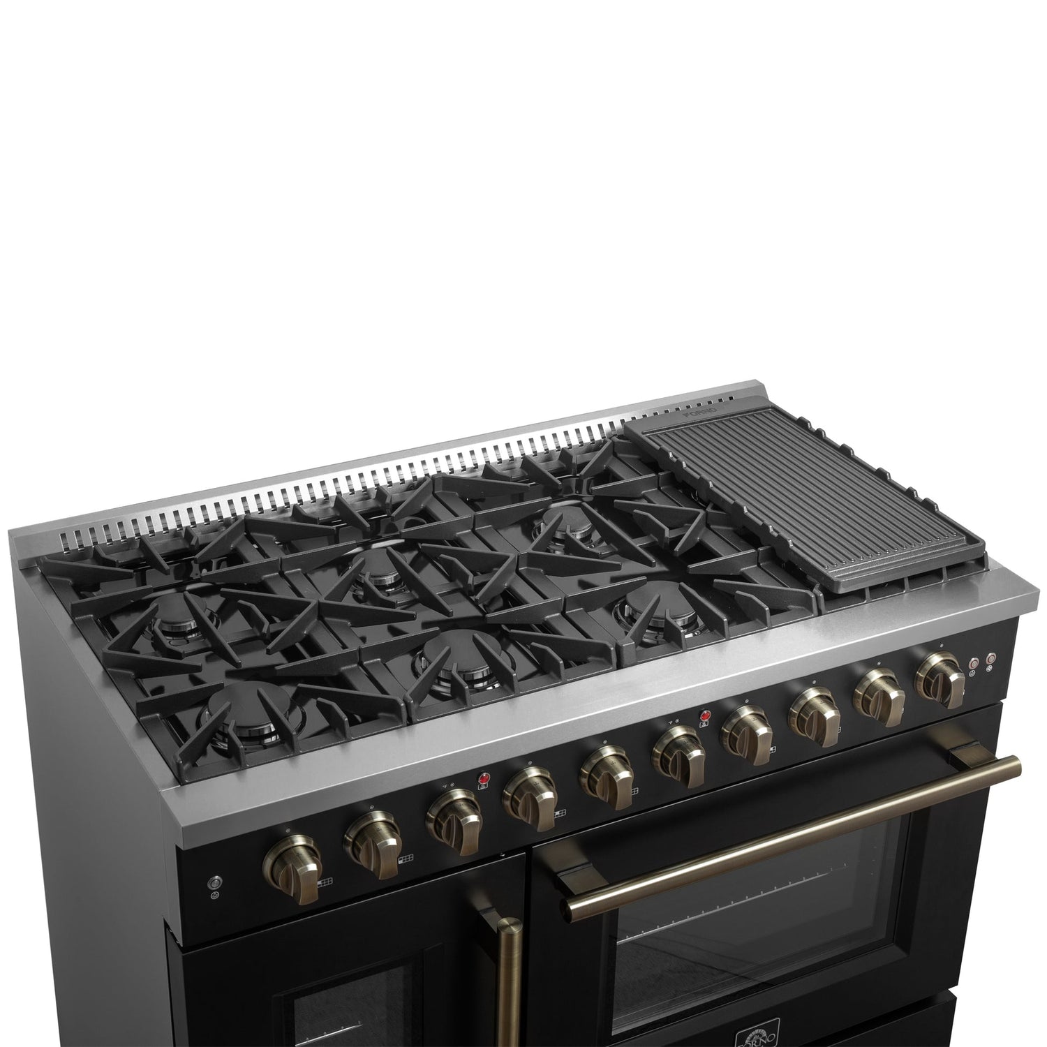 Forno Galiano 48-Inch Freestanding French Door Gas Range, with Antique Brass Design