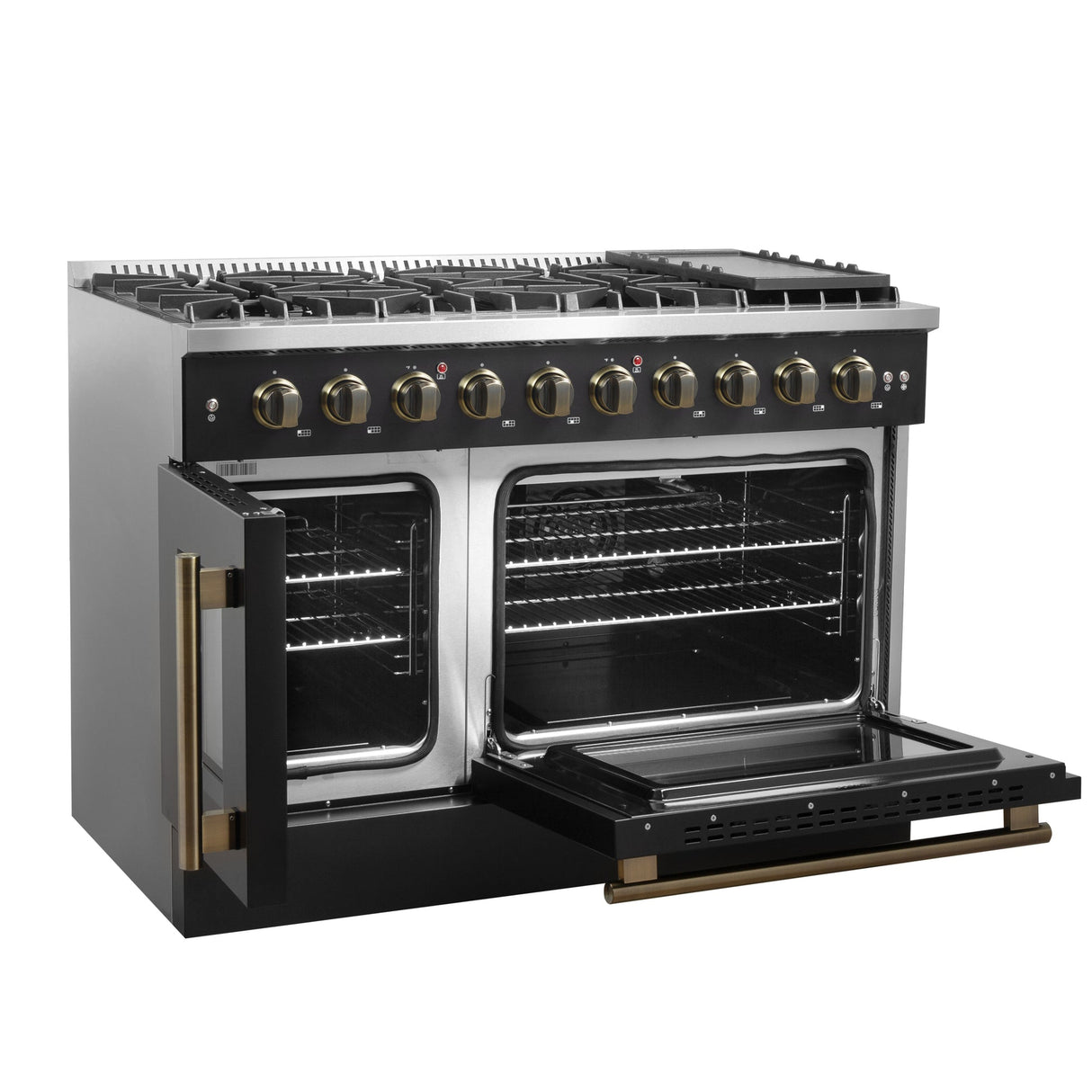 Forno Galiano 48-Inch Freestanding French Door Gas Range, with Antique Brass Design