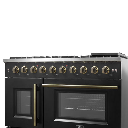 Forno Galiano 48-Inch Freestanding French Door Gas Range, with Antique Brass Design