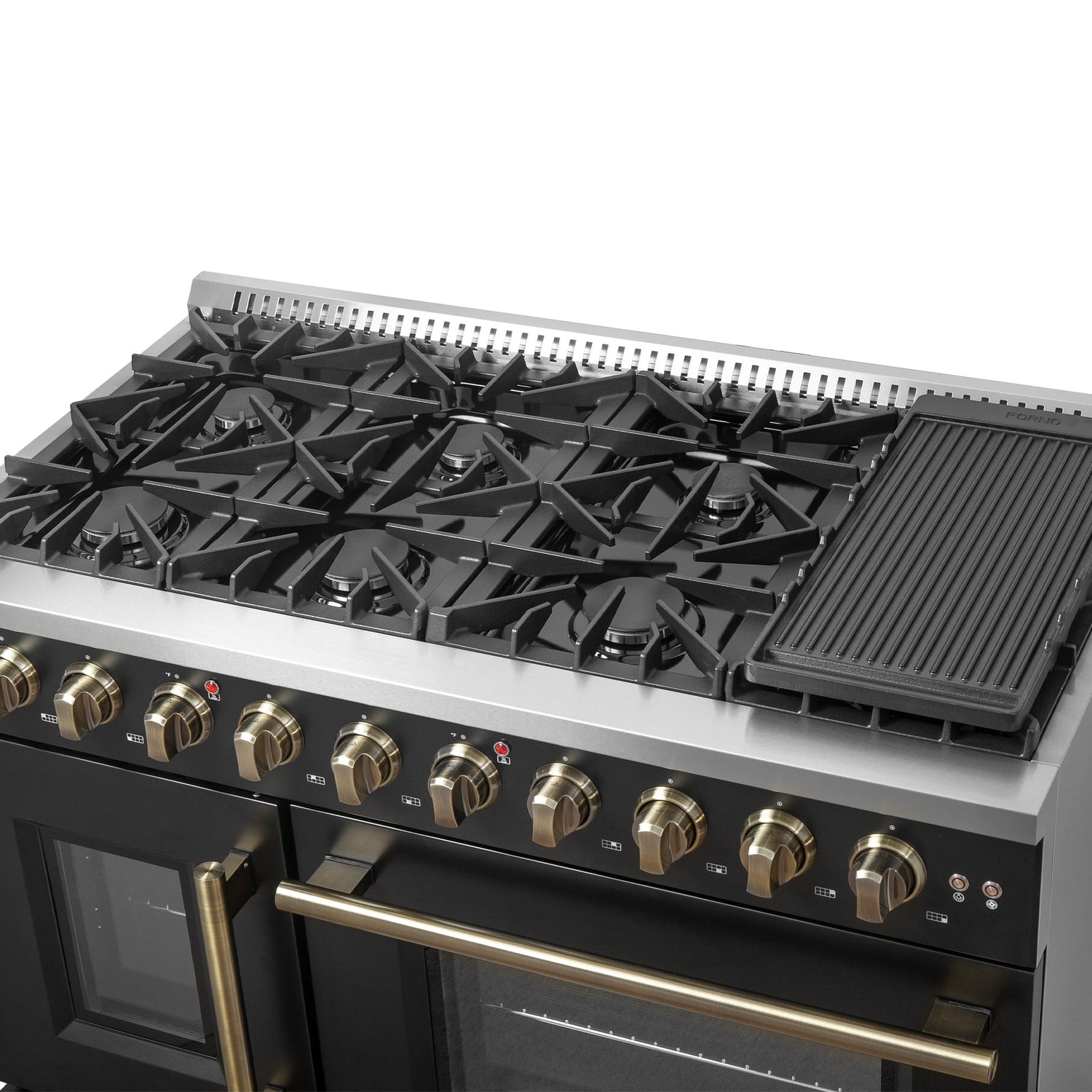 Forno Galiano 48-Inch Freestanding French Door Gas Range, with Antique Brass Design