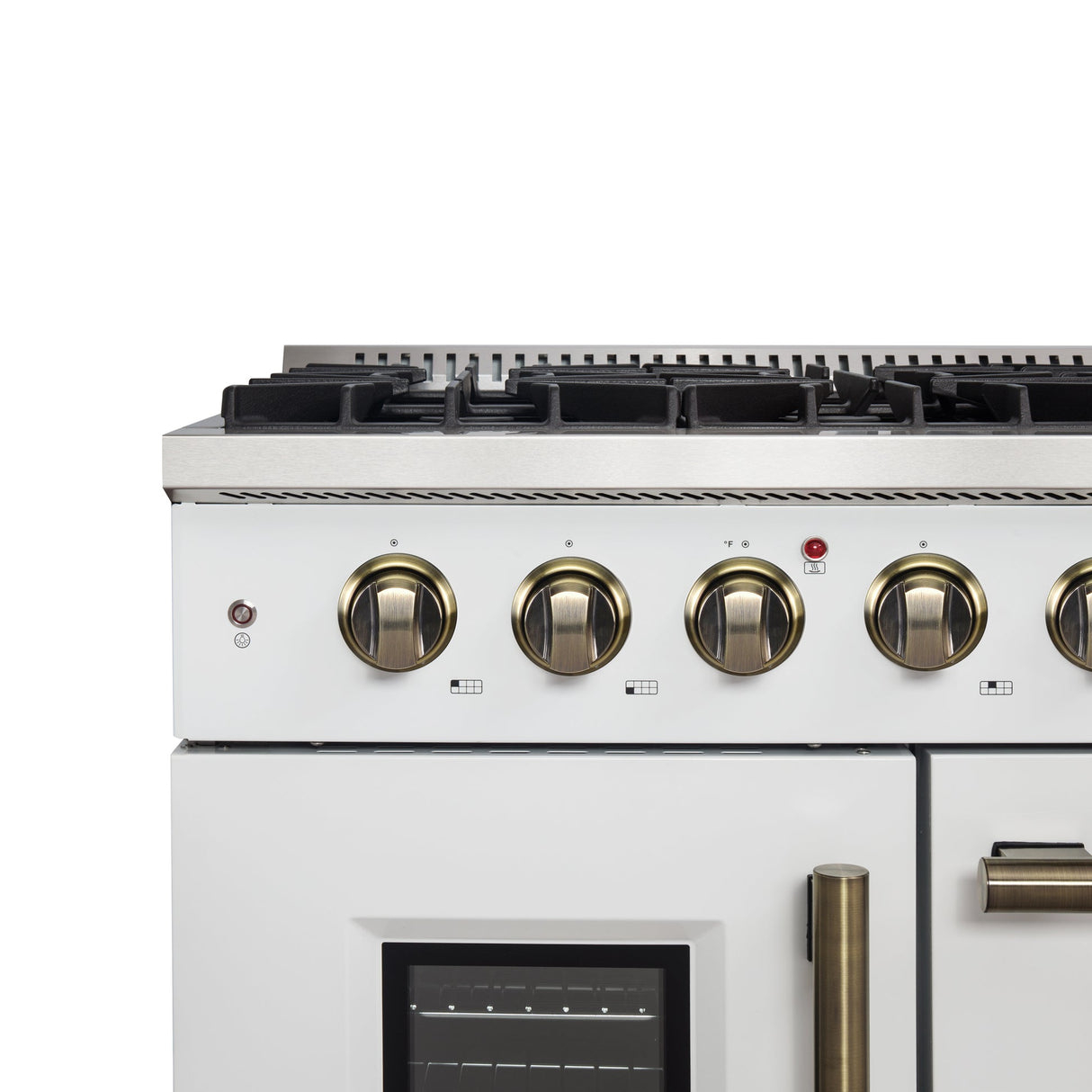 Forno Galiano 48-Inch Freestanding French Door Gas Range, with Antique Brass Design