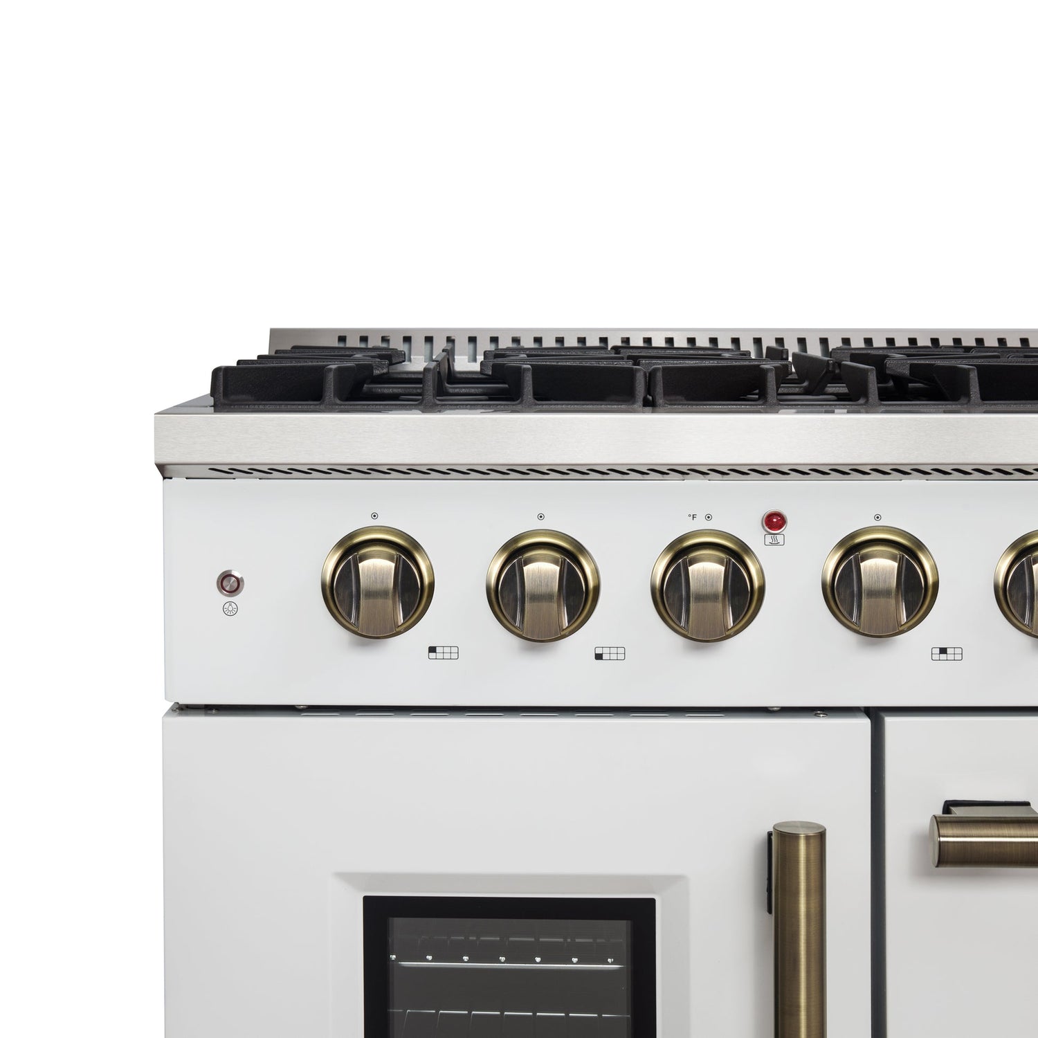 Forno Galiano 48-Inch Freestanding French Door Gas Range, with Antique Brass Design