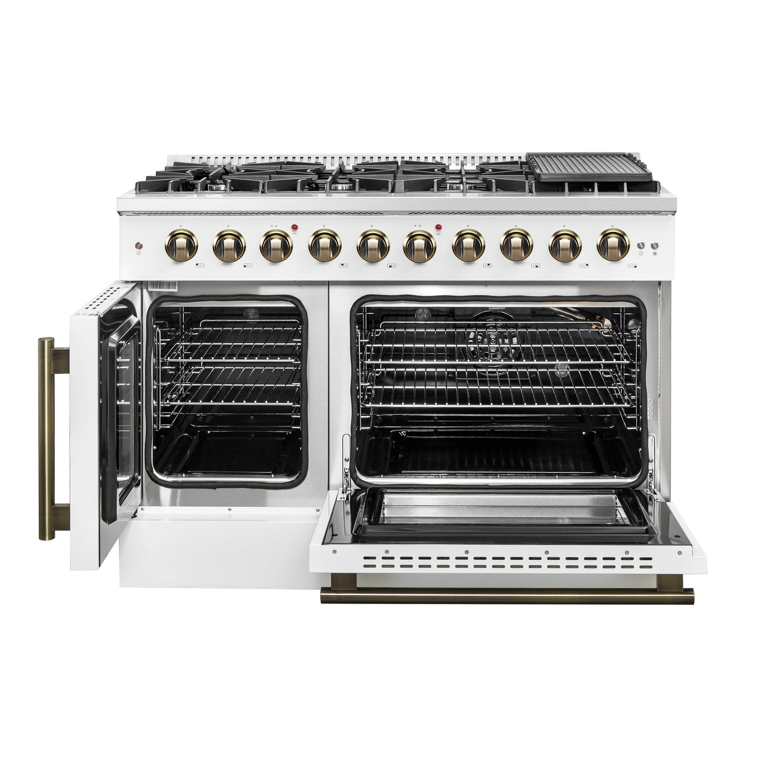 Forno Galiano 48-Inch Freestanding French Door Gas Range, with Antique Brass Design