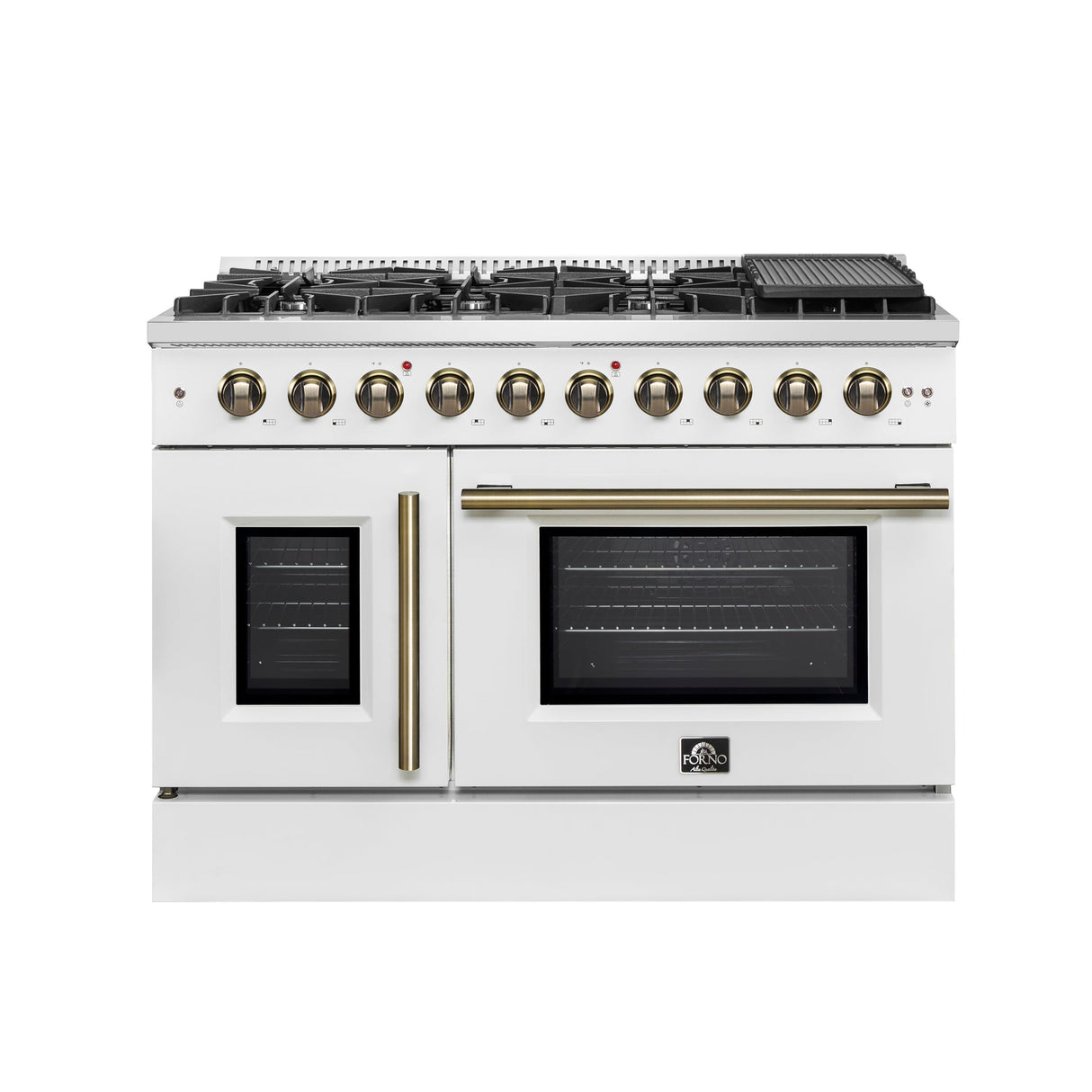 Forno Galiano 48-Inch Freestanding French Door Gas Range, with Antique Brass Design