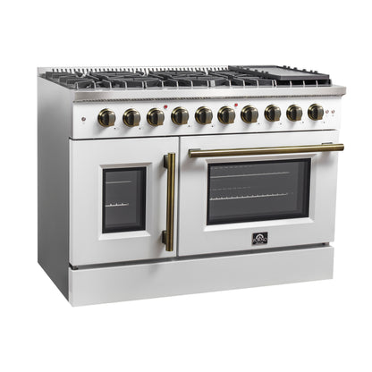 Forno Galiano 48-Inch Freestanding French Door Gas Range, with Antique Brass Design