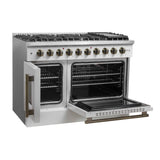Forno Galiano 48-Inch Freestanding French Door Gas Range, with Antique Brass Design