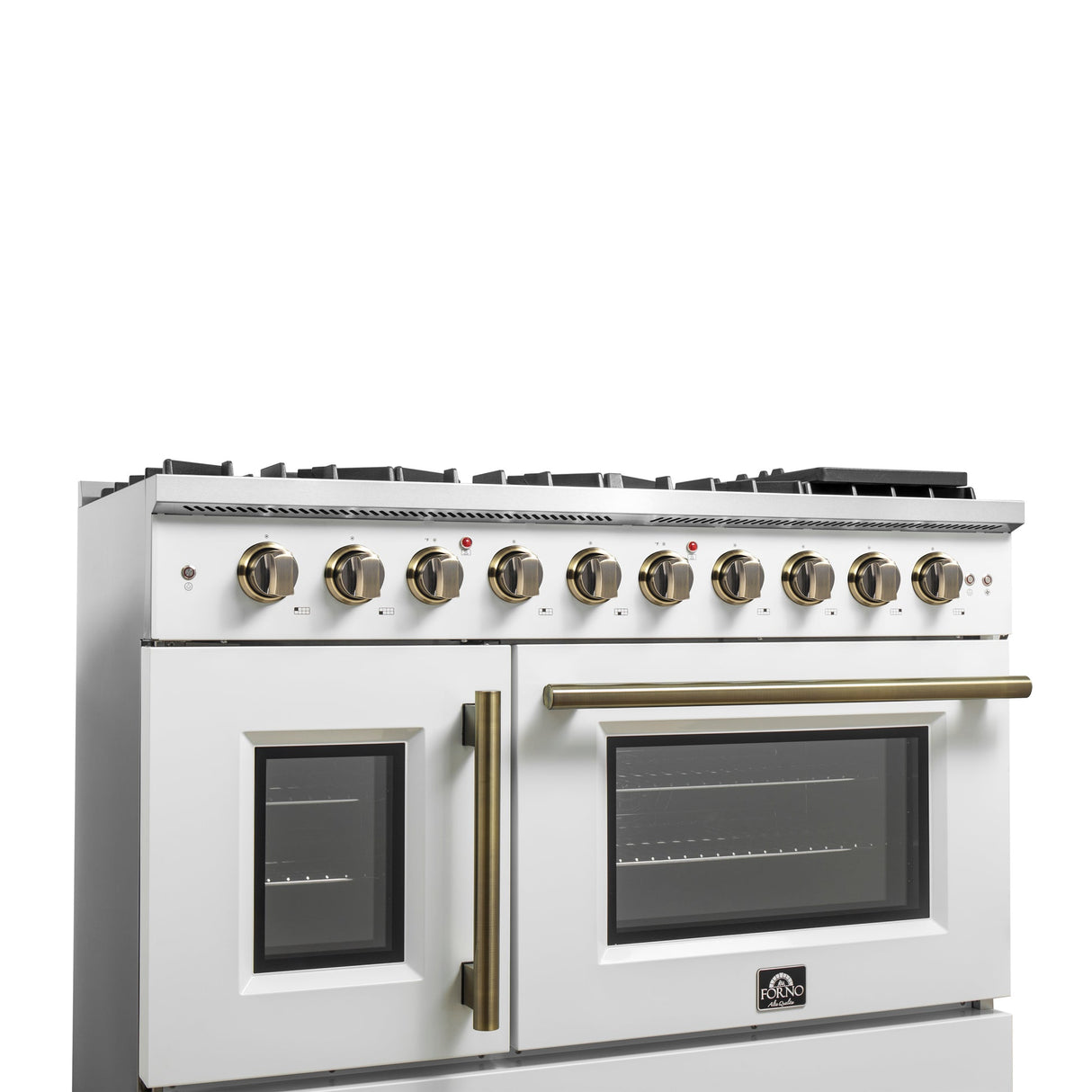 Forno Galiano 48-Inch Freestanding French Door Gas Range, with Antique Brass Design