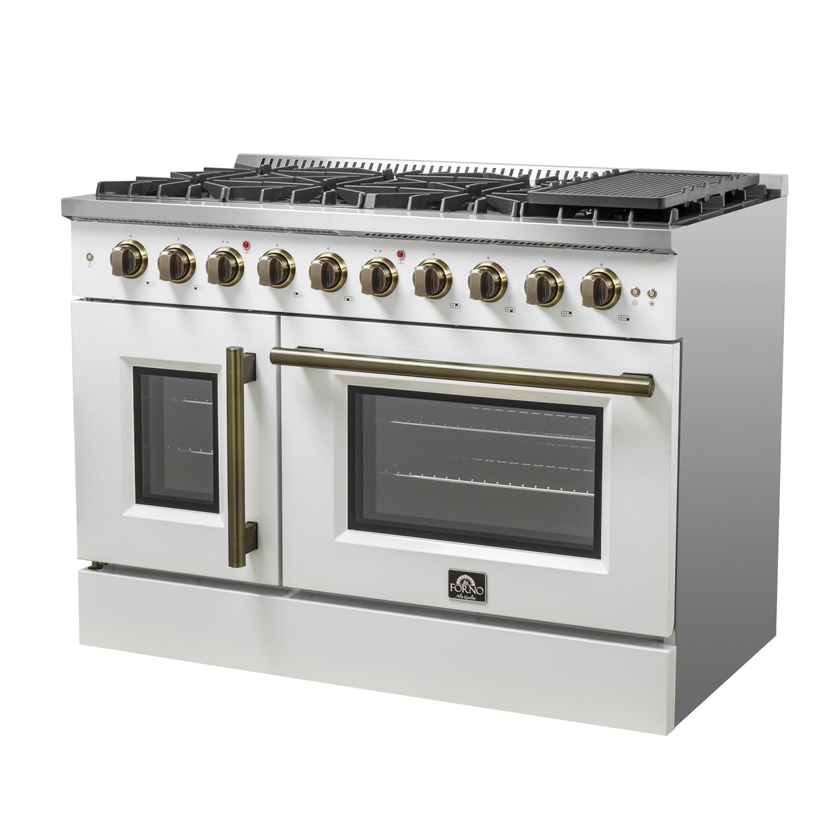 Forno Galiano 48-Inch Freestanding French Door Gas Range, with Antique Brass Design