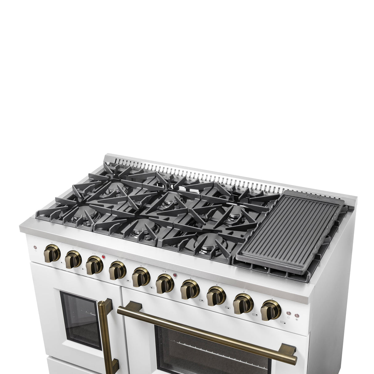 Forno Galiano 48-Inch Freestanding French Door Gas Range, with Antique Brass Design