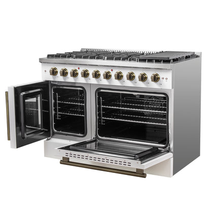 Forno Galiano 48-Inch Freestanding French Door Gas Range, with Antique Brass Design