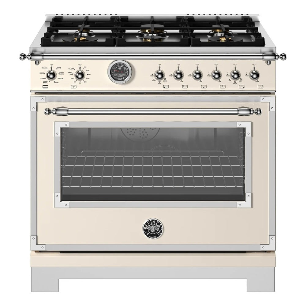 Bertazzoni Heritage Series 36 inch Dual Fuel Range with 6 Brass Burners, 5.7 cu. ft. Capacity Oven, Cast Iron Griddle and Self Clean (Avorio Ivory) - HER366BCFEPAVT*