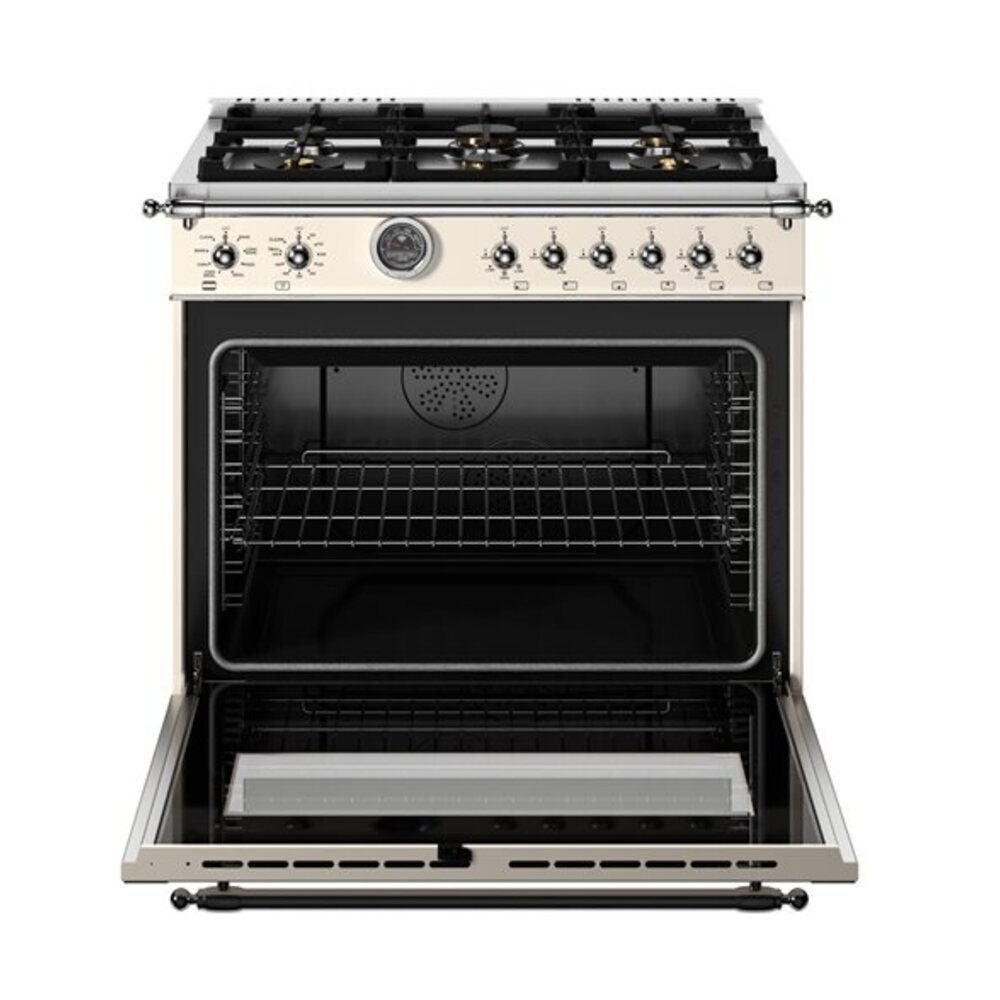 Bertazzoni Heritage Series 36 inch Dual Fuel Range with 6 Brass Burners, 5.7 cu. ft. Capacity Oven, Cast Iron Griddle and Self Clean (Avorio Ivory) - HER366BCFEPAVT*