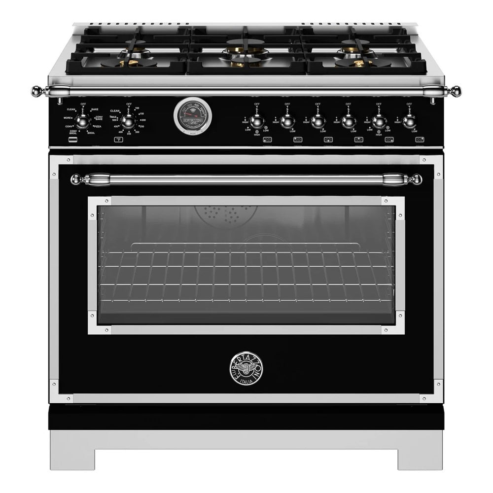 Bertazzoni Heritage Series 36 inch Dual Fuel Range with 6 Brass Burners, 5.7 cu. ft. Capacity Oven, Cast Iron Griddle and Self Clean (Nero Black) - HER366BCFEPNET*