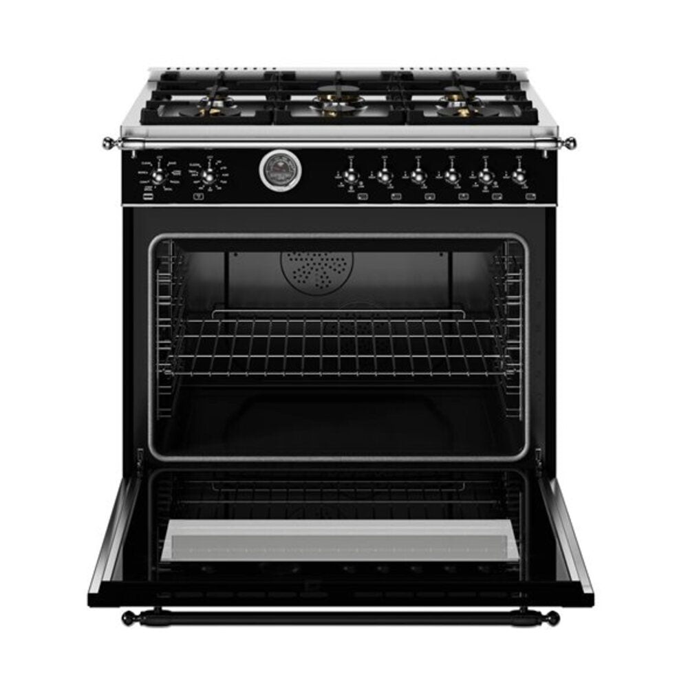 Bertazzoni Heritage Series 36 inch Dual Fuel Range with 6 Brass Burners, 5.7 cu. ft. Capacity Oven, Cast Iron Griddle and Self Clean (Nero Black) - HER366BCFEPNET*