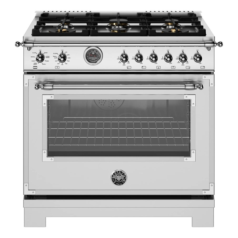 Bertazzoni Heritage Series 36 inch Dual Fuel Range with 6 Brass Burners, 5.7 cu. ft. Capacity Oven, Cast Iron Griddle and Self Clean (Stainless Steel) - HER366BCFEPXT*