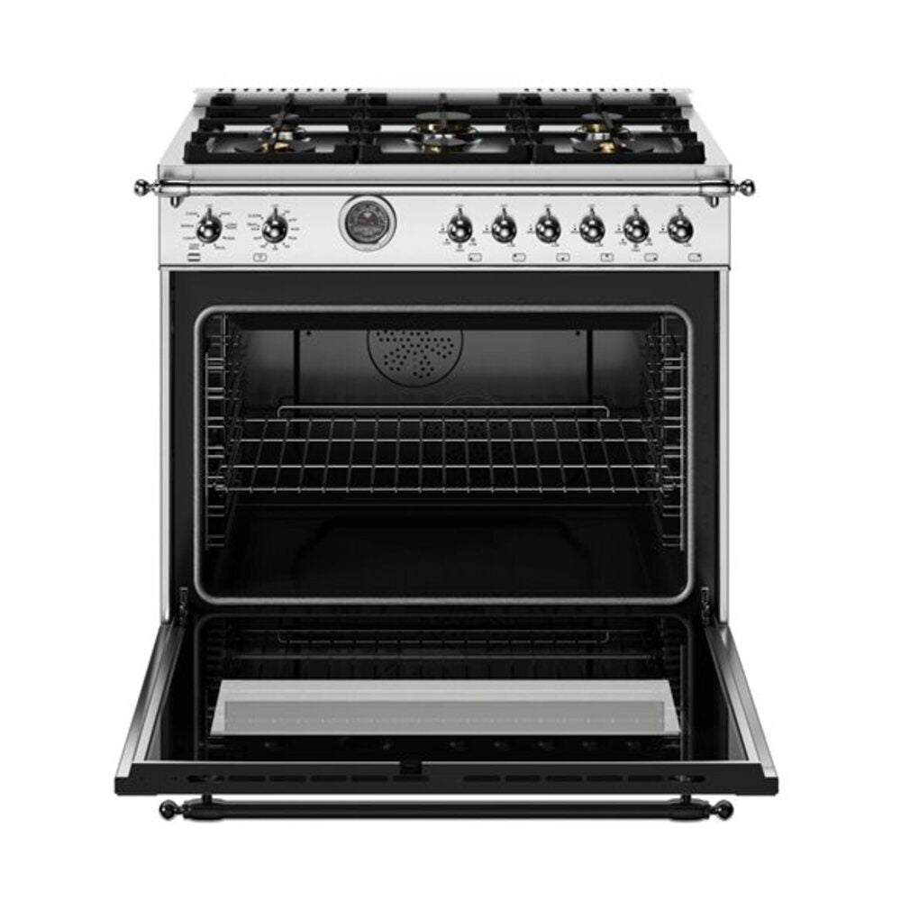Bertazzoni Heritage Series 36 inch Dual Fuel Range with 6 Brass Burners, 5.7 cu. ft. Capacity Oven, Cast Iron Griddle and Self Clean (Stainless Steel) - HER366BCFEPXT*