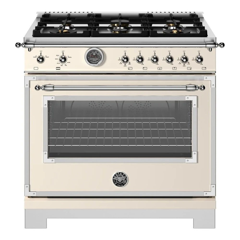 Bertazzoni Heritage Series 36 inch Gas Range with 6 Brass Burners, 5.9 cu. ft. Capacity Oven, Cast Iron Griddle and Dual Convection (Avorio Ivory) - HER366BCFGMAVT*