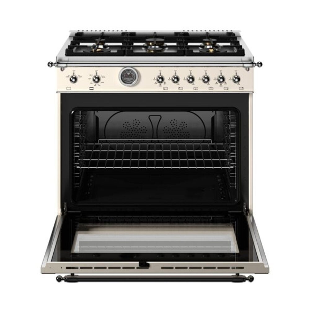 Bertazzoni Heritage Series 36 inch Gas Range with 6 Brass Burners, 5.9 cu. ft. Capacity Oven, Cast Iron Griddle and Dual Convection (Avorio Ivory) - HER366BCFGMAVT*