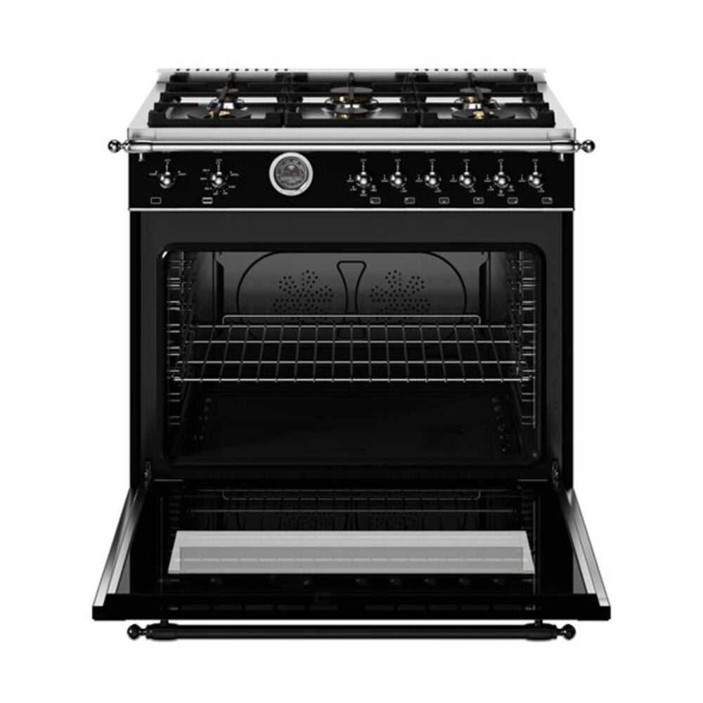 Bertazzoni Heritage Series 36 inch Gas Range with 6 Brass Burners, 5.9 cu. ft. Capacity Oven, Cast Iron Griddle and Dual Convection (Nero Black) - HER366BCFGMNET*