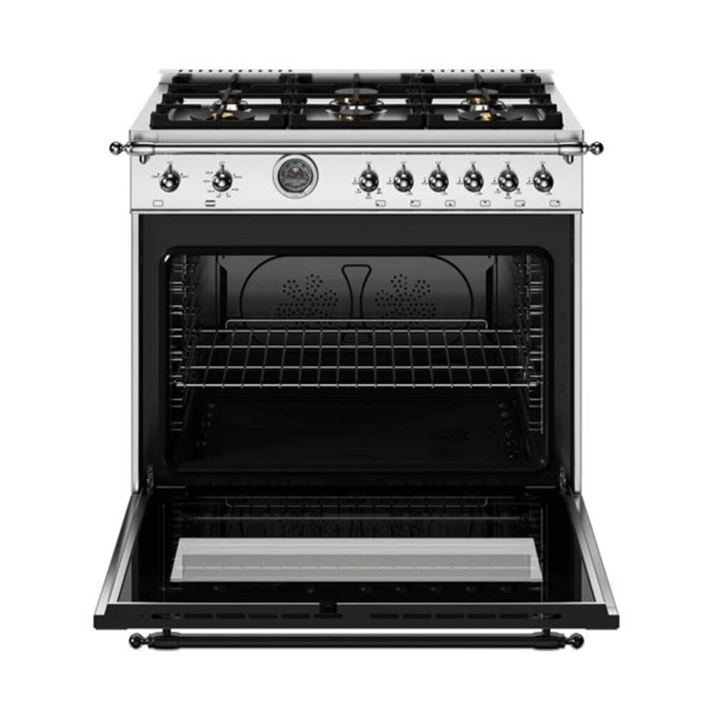 Bertazzoni Heritage Series 36 inch Gas Range with 6 Brass Burners, 5.9 cu. ft. Capacity Oven, Cast Iron Griddle and Dual Convection (Stainless Steel) - HER366BCFGMXT *
