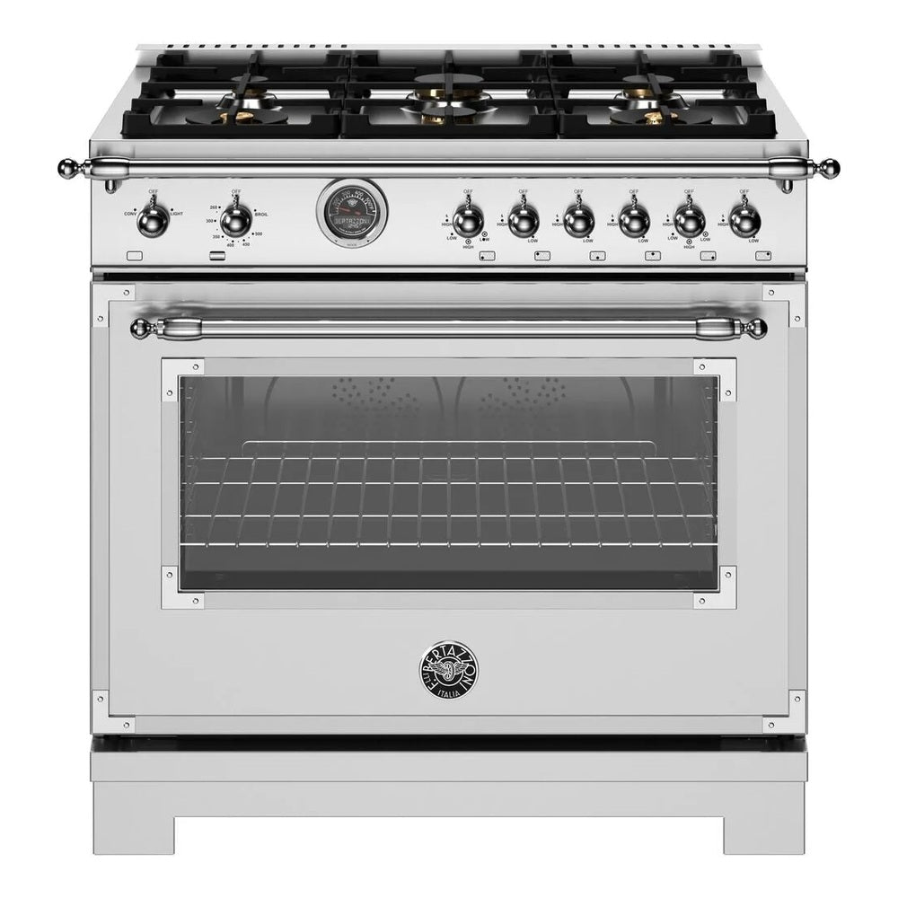 Bertazzoni Heritage Series 36 inch Gas Range with 6 Brass Burners, 5.9 cu. ft. Capacity Oven, Cast Iron Griddle and Dual Convection (Stainless Steel) - HER366BCFGMXT *