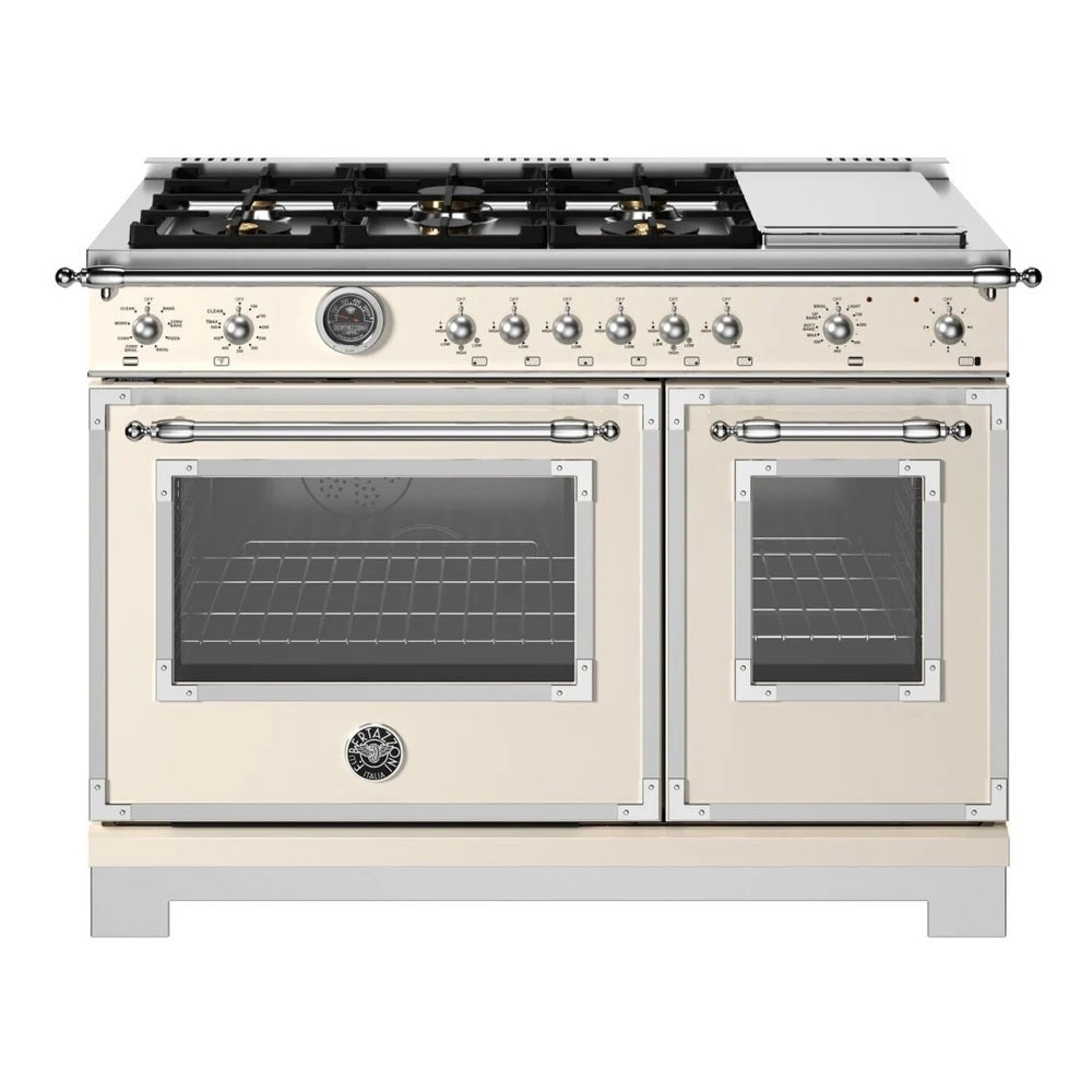 Bertazzoni Heritage Series 48 inch Dual Fuel Range with 6 Brass Burners, 7 cu. ft. Total Oven Capacity, Electric Griddle and Self Clean (Avorio Ivory) - HER486BTFEPAVT*
