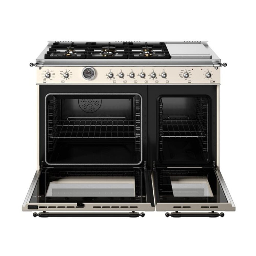 Bertazzoni Heritage Series 48 inch Dual Fuel Range with 6 Brass Burners, 7 cu. ft. Total Oven Capacity, Electric Griddle and Self Clean (Avorio Ivory) - HER486BTFEPAVT*