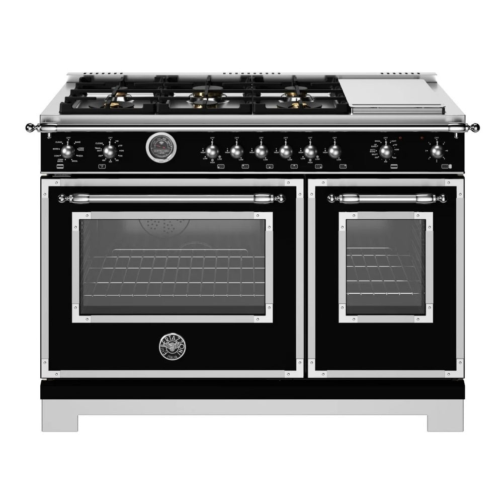 Bertazzoni Heritage Series 48 inch Dual Fuel Range with 6 Brass Burners, 7 cu. ft. Total Oven Capacity, Electric Griddle and Self Clean (Nero Black) - HER486BTFEPNET*