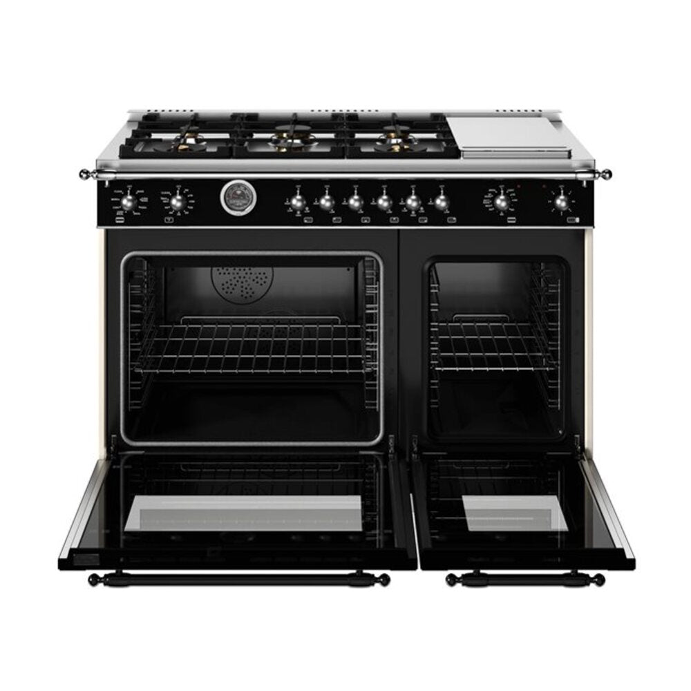 Bertazzoni Heritage Series 48 inch Dual Fuel Range with 6 Brass Burners, 7 cu. ft. Total Oven Capacity, Electric Griddle and Self Clean (Nero Black) - HER486BTFEPNET*
