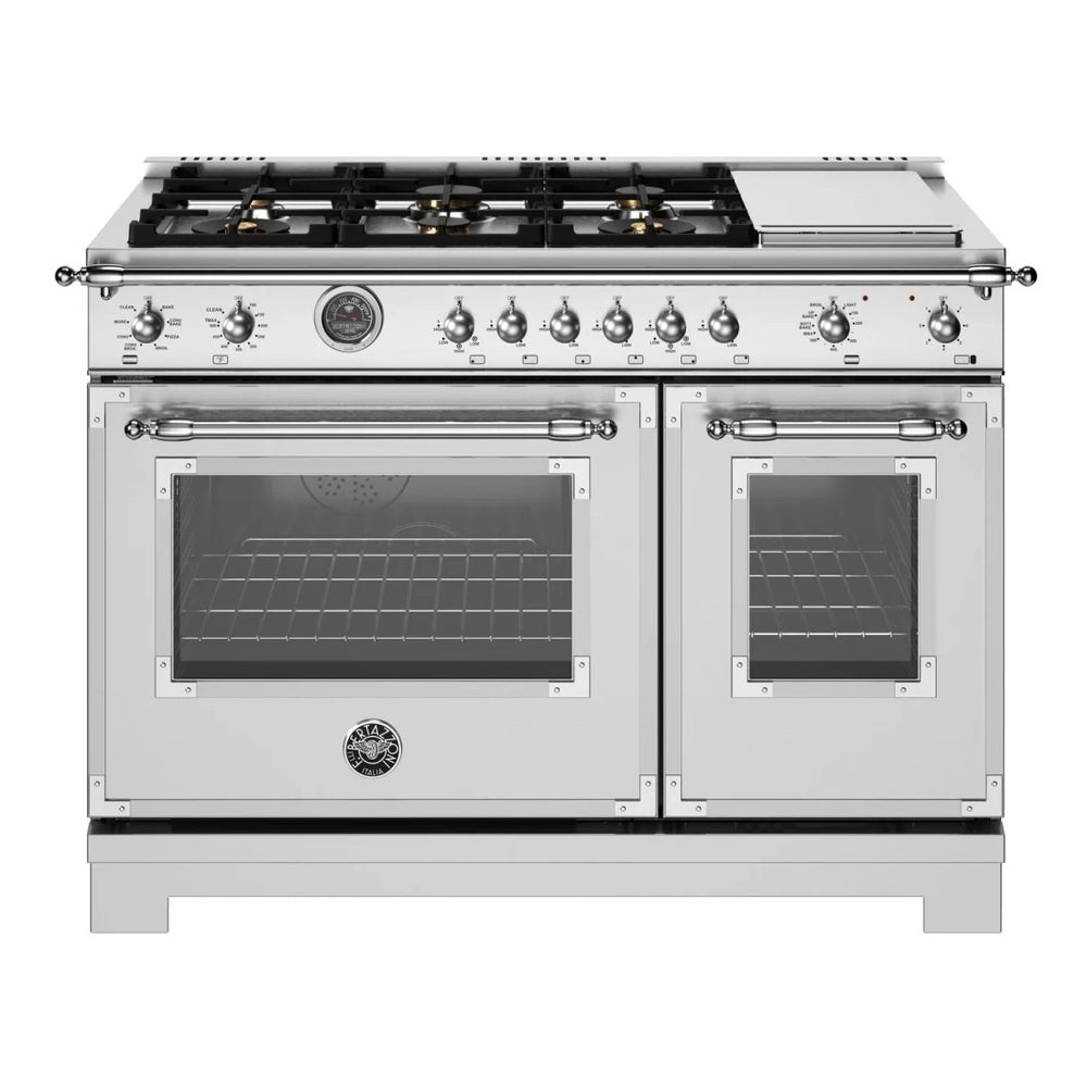 Bertazzoni Heritage Series 48 inch Dual Fuel Range with 6 Brass Burners, 7 cu. ft. Total Oven Capacity, Electric Griddle and Self Clean (Stainless Steel) - HER486BTFEPXT*
