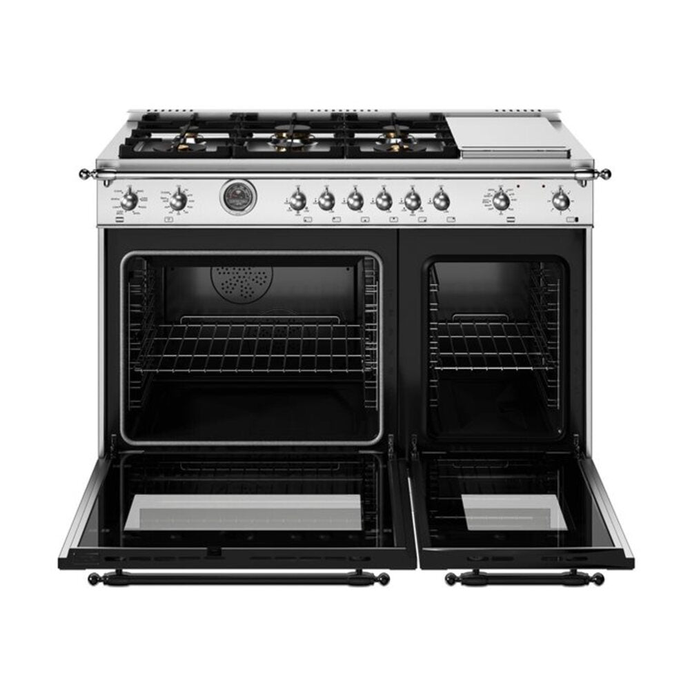 Bertazzoni Heritage Series 48 inch Dual Fuel Range with 6 Brass Burners, 7 cu. ft. Total Oven Capacity, Electric Griddle and Self Clean (Stainless Steel) - HER486BTFEPXT*