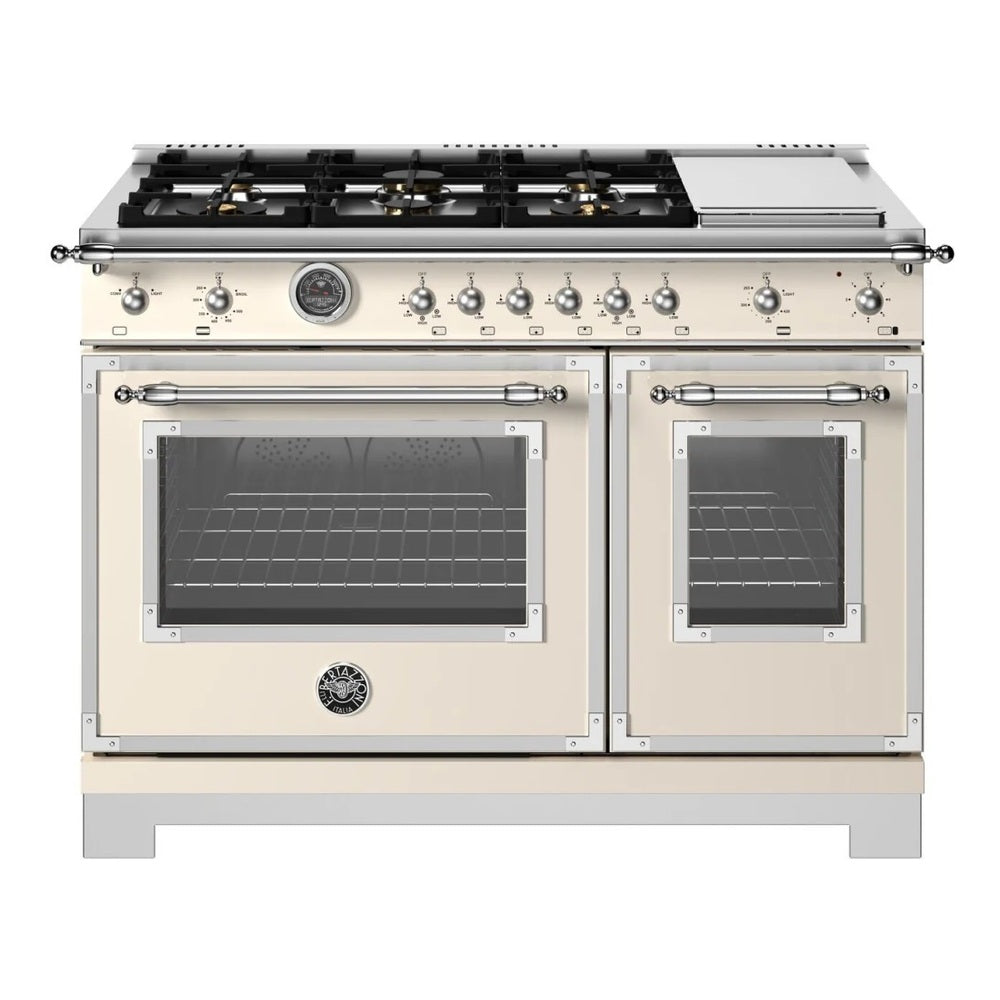 Bertazzoni Heritage Series 48 inch Gas Range with 6 Brass Burners, 7.1 cu. ft. Total Oven Capacity, Electric Griddle and Dual Convection (Avorio Ivory) - HER486BTFGMAVT*