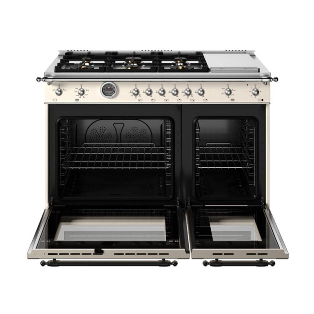 Bertazzoni Heritage Series 48 inch Gas Range with 6 Brass Burners, 7.1 cu. ft. Total Oven Capacity, Electric Griddle and Dual Convection (Avorio Ivory) - HER486BTFGMAVT*