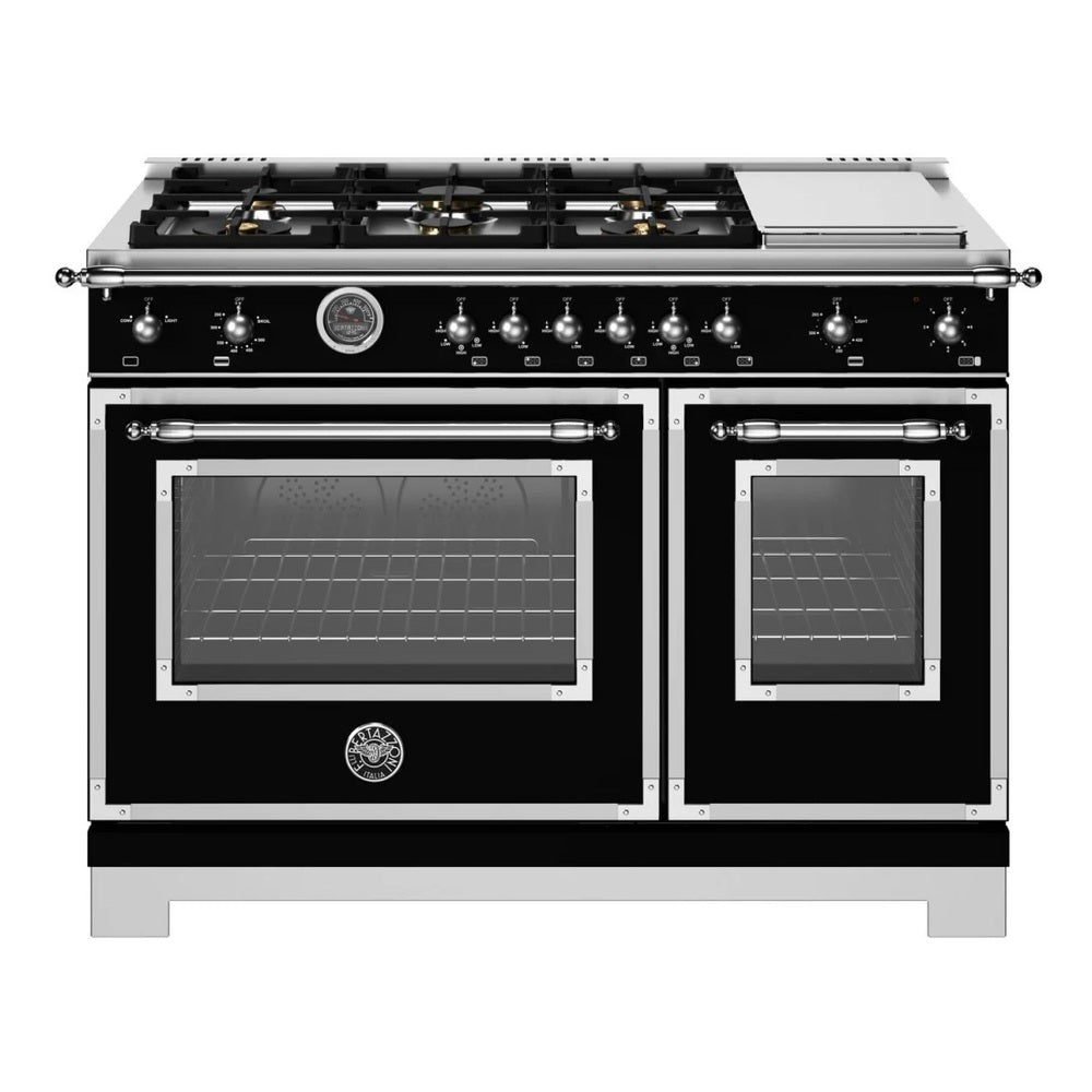Bertazzoni Heritage Series 48 inch Gas Range with 6 Brass Burners, 7.1 cu. ft. Total Oven Capacity, Electric Griddle and Dual Convection (Nero Black) - HER486BTFGMNET*