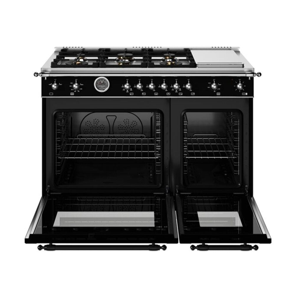 Bertazzoni Heritage Series 48 inch Gas Range with 6 Brass Burners, 7.1 cu. ft. Total Oven Capacity, Electric Griddle and Dual Convection (Nero Black) - HER486BTFGMNET*