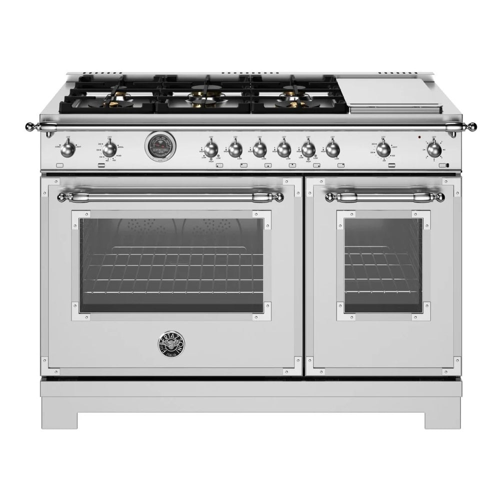 Bertazzoni Heritage Series 48 inch Gas Range with 6 Brass Burners, 7.1 cu. ft. Total Oven Capacity, Electric Griddle and Dual Convection (Stainless Steel) - HER486BTFGMXT*