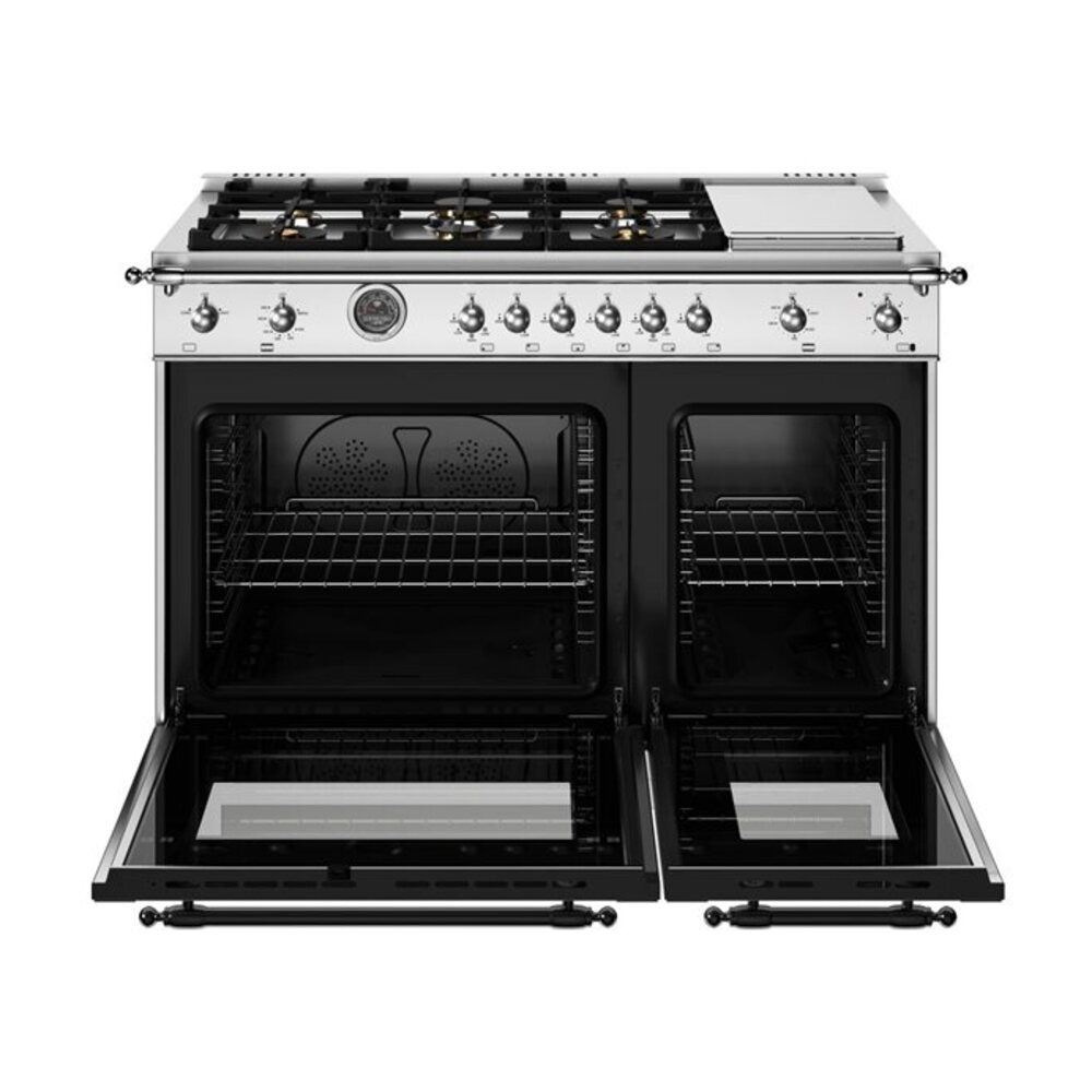 Bertazzoni Heritage Series 48 inch Gas Range with 6 Brass Burners, 7.1 cu. ft. Total Oven Capacity, Electric Griddle and Dual Convection (Stainless Steel) - HER486BTFGMXT*