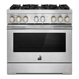 JennAir RISE 36 inch Smart Dual-Fuel Professional Range with 6 Burners, 5.1 cu. ft. Oven Capacity, Remote Access, Dual-Stacked PowerBurners, Glide Racks, and Sabbath Mode in Stainless Steel, JDRP436HL