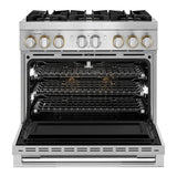 JennAir RISE 36 inch Smart Dual-Fuel Professional Range with 6 Burners, 5.1 cu. ft. Oven Capacity, Remote Access, Dual-Stacked PowerBurners, Glide Racks, and Sabbath Mode in Stainless Steel, JDRP436HL