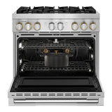 JennAir RISE 36 inch Smart Dual-Fuel Professional Range with 6 Burners, 5.1 cu. ft. Oven Capacity, Remote Access, Dual-Stacked PowerBurners, Glide Racks, and Sabbath Mode in Stainless Steel, JDRP436HL