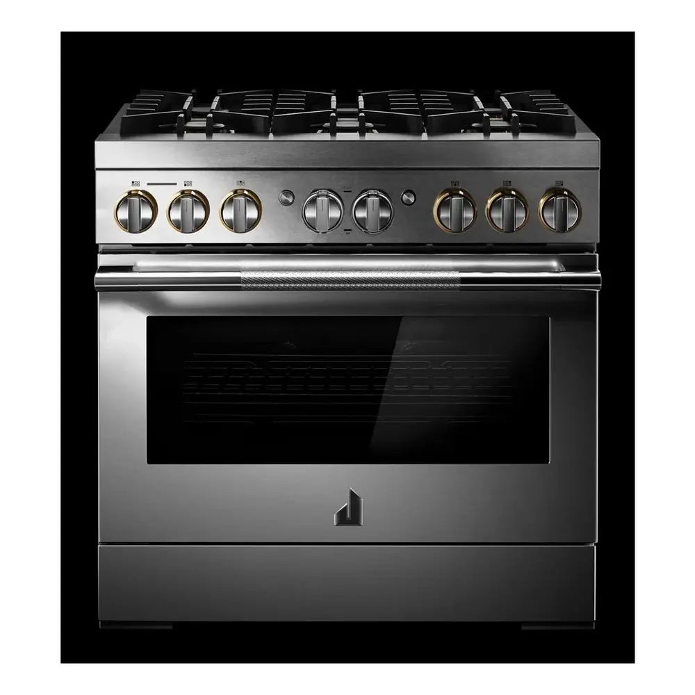 JennAir RISE 36 inch Smart Dual-Fuel Professional Range with 6 Burners, 5.1 cu. ft. Oven Capacity, Remote Access, Dual-Stacked PowerBurners, Glide Racks, and Sabbath Mode in Stainless Steel, JDRP436HL