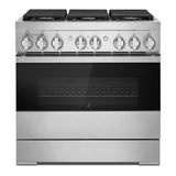 JennAir NOIR 36 inch Smart Dual-Fuel Professional Range with 6 Burners, 5.1 cu. ft. Oven Capacity, Remote Access, Dual-Stacked PowerBurners, Glide Racks, and Sabbath Mode in Stainless Steel, JDRP436HM