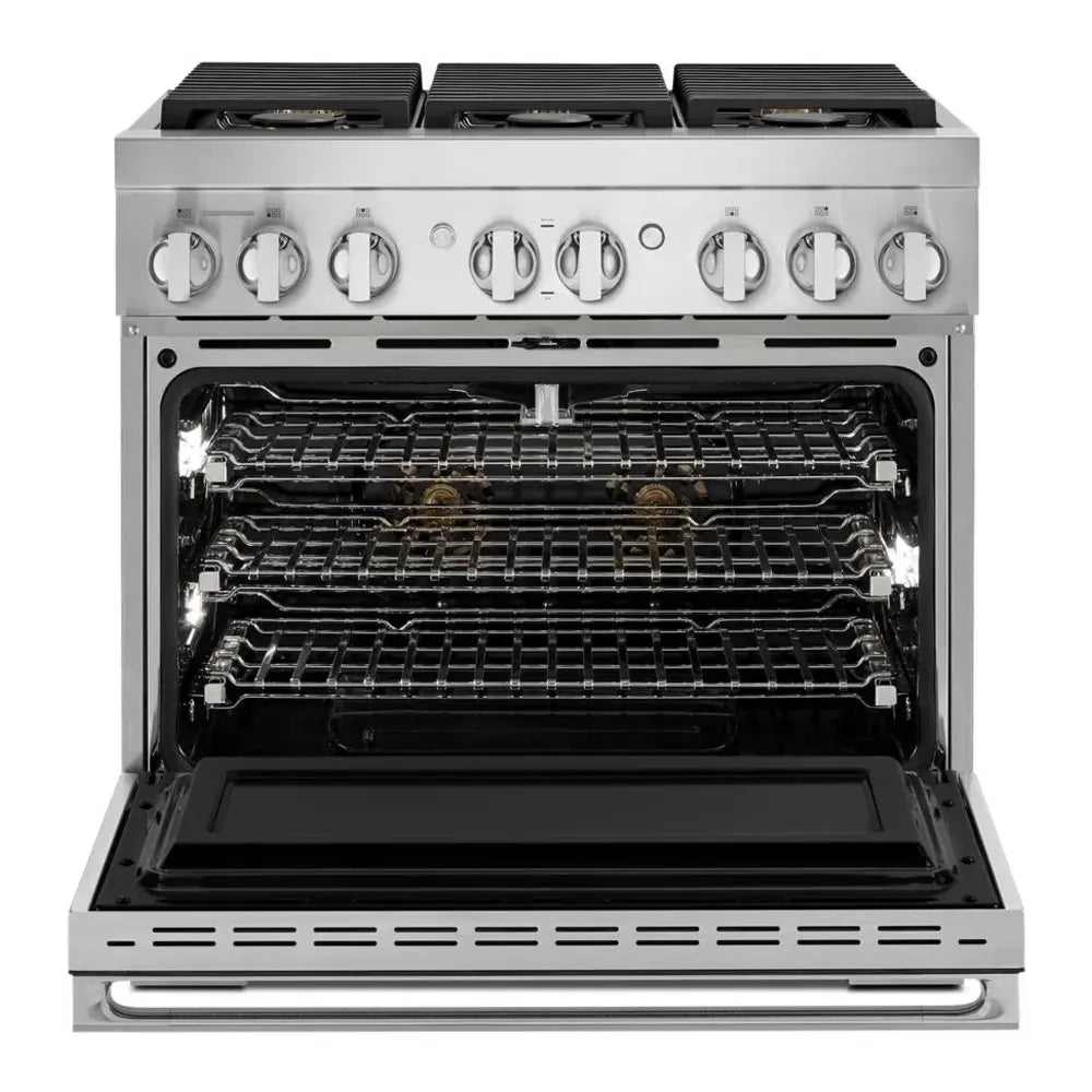 JennAir NOIR 36 inch Smart Dual-Fuel Professional Range with 6 Burners, 5.1 cu. ft. Oven Capacity, Remote Access, Dual-Stacked PowerBurners, Glide Racks, and Sabbath Mode in Stainless Steel, JDRP436HM
